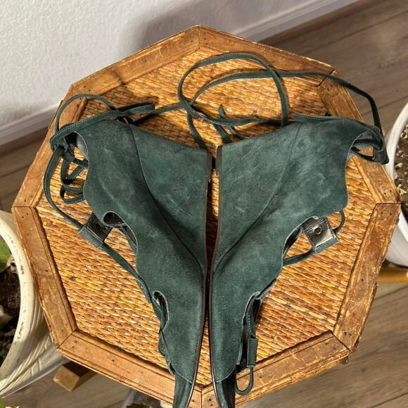 J CREW Green Suede Peep Toe Tie Lace Up Leather Suede Wedge Sandals 8,5 - Picture 4 of 8